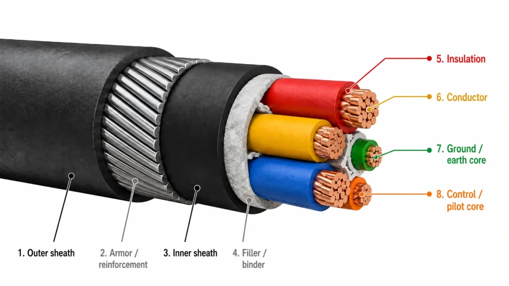 The diagram illustrates the general structure of mining cables.
