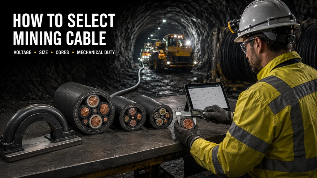 How to select mining cable by voltage, conductor size, core arrangement and mechanical duty for underground mining equipment.
