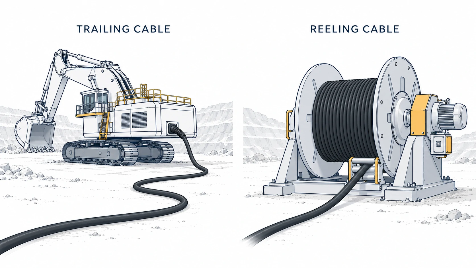 3D illustration of trailing cable vs reeling cable, showing a mining excavator with a trailing power cable beside a motorized winding drum.