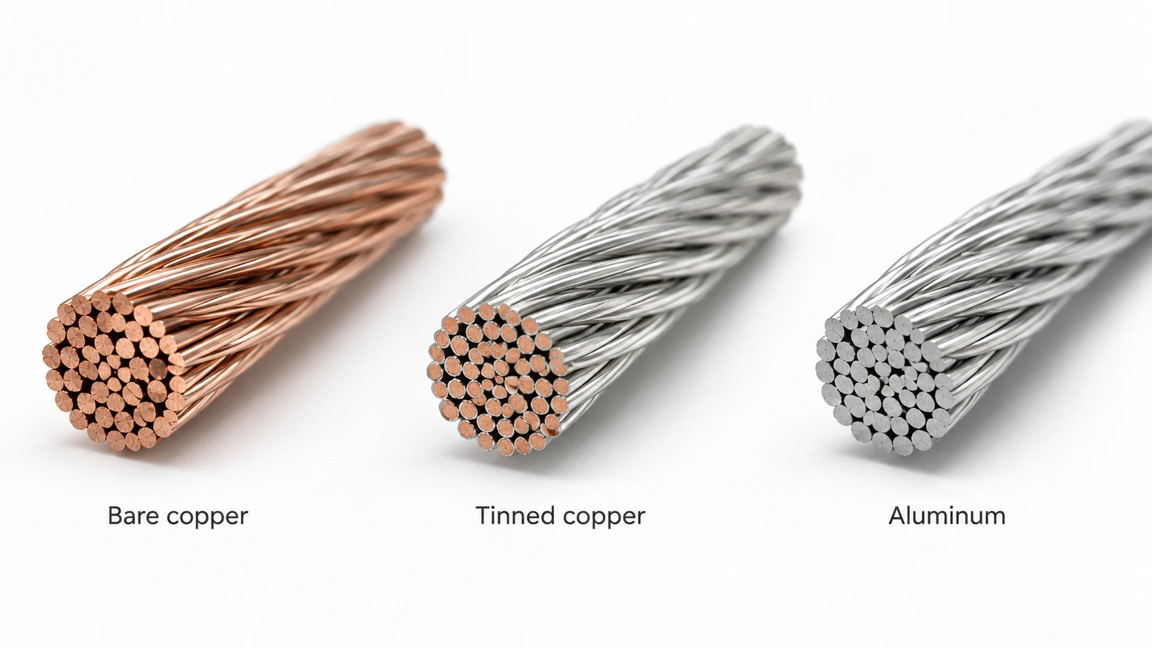 Bare copper, tinned copper and aluminum conductor samples accompanying a guide to mining cable insulation and sheath materials.