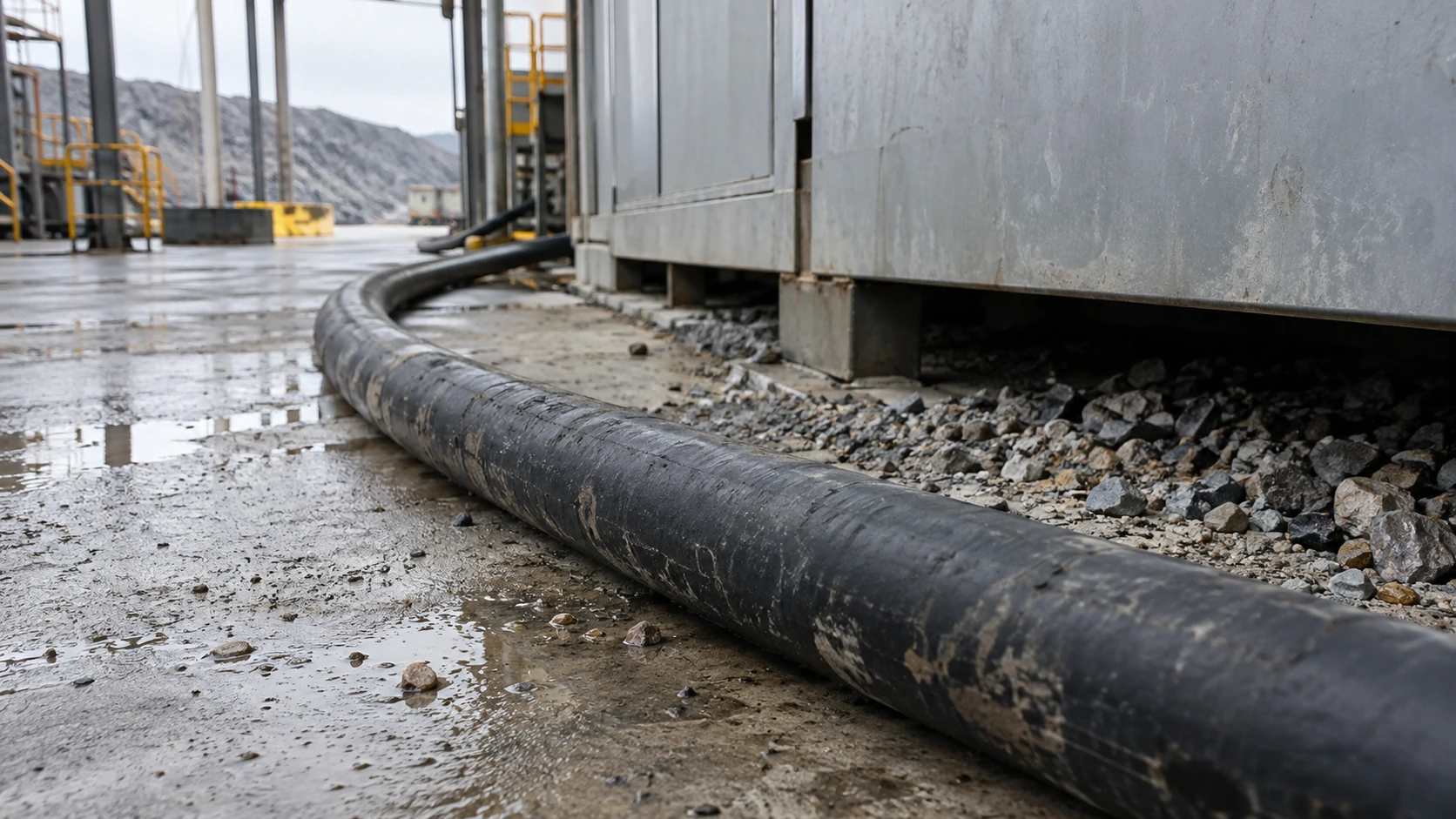 Black cable beside wet concrete and gravel illustrating site conditions for selecting mining cable insulation and sheath materials.