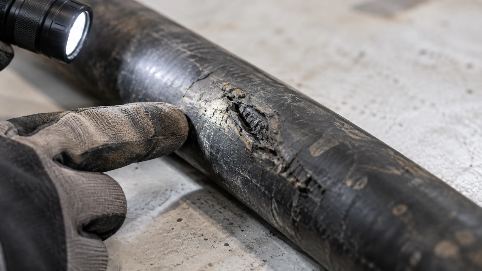 Close-up of mining cable inspection showing a gloved hand pointing to a gouge in the black outer sheath.