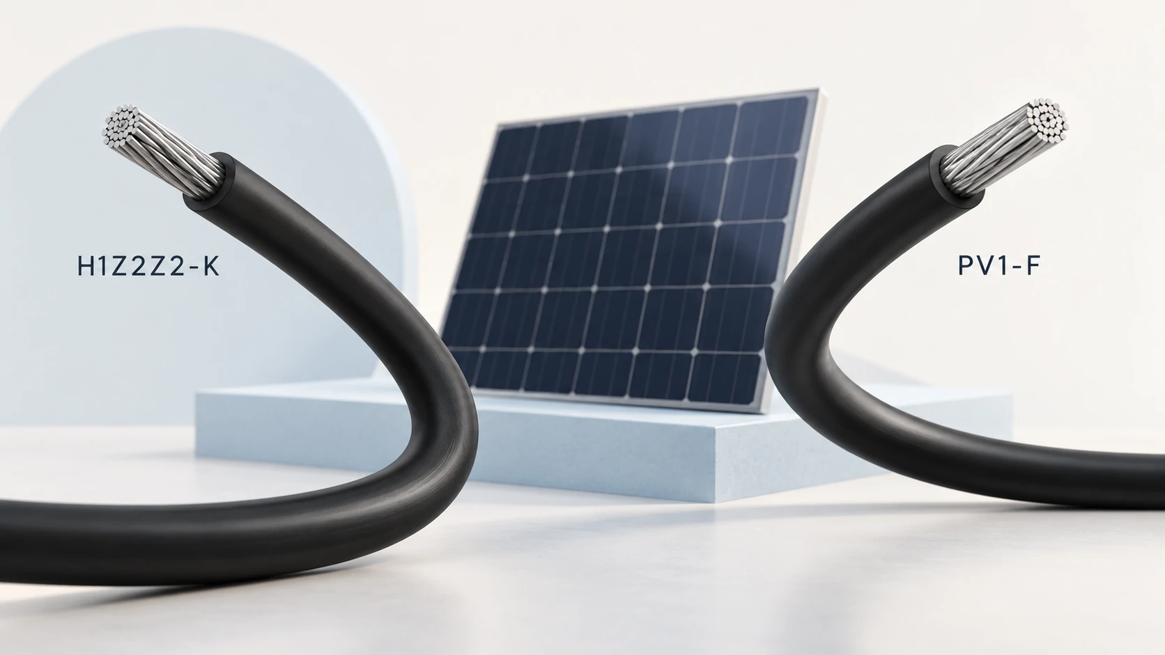 H1Z2Z2-K vs PV1-F solar cable illustration with curved black cables and a photovoltaic panel.