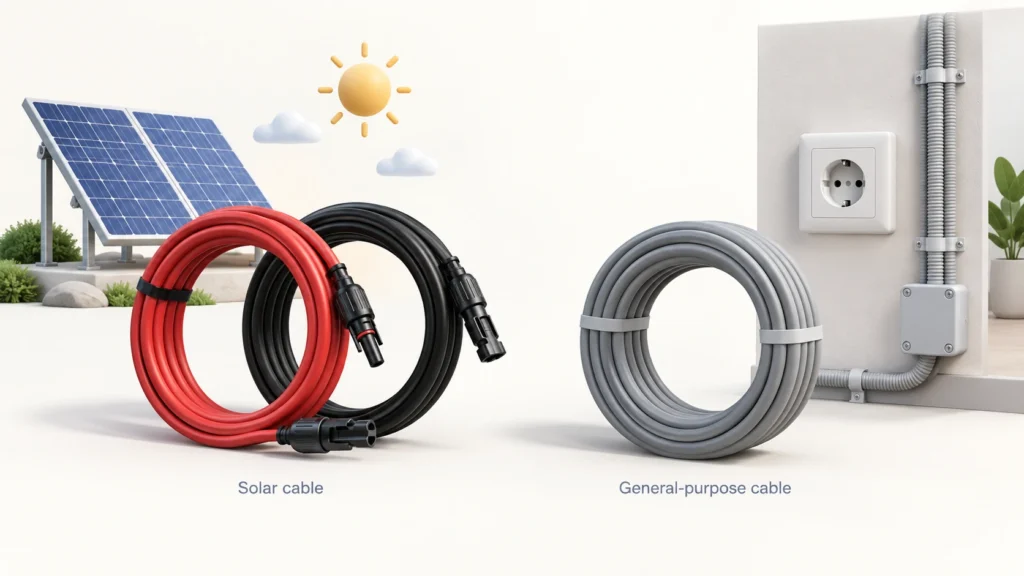 Illustrated solar cable vs normal cable comparison with red and black PV cables, solar panels and gray cable beside indoor conduit.