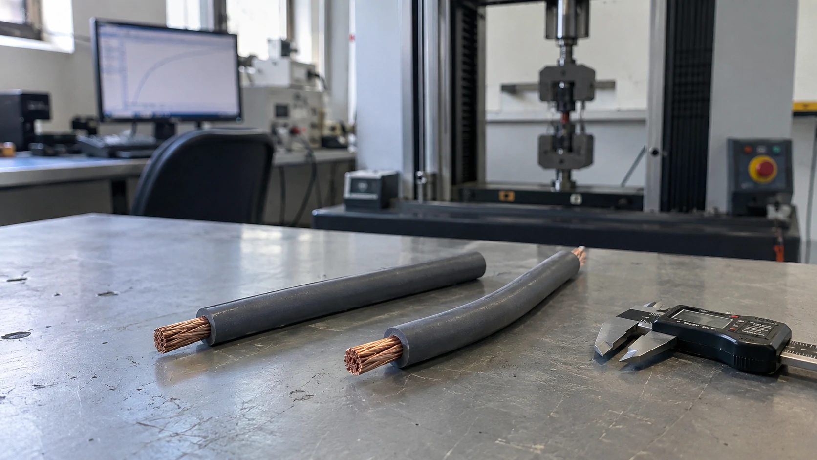 Insulated conductor samples on a laboratory bench for an article comparing mining cable insulation and sheath materials.