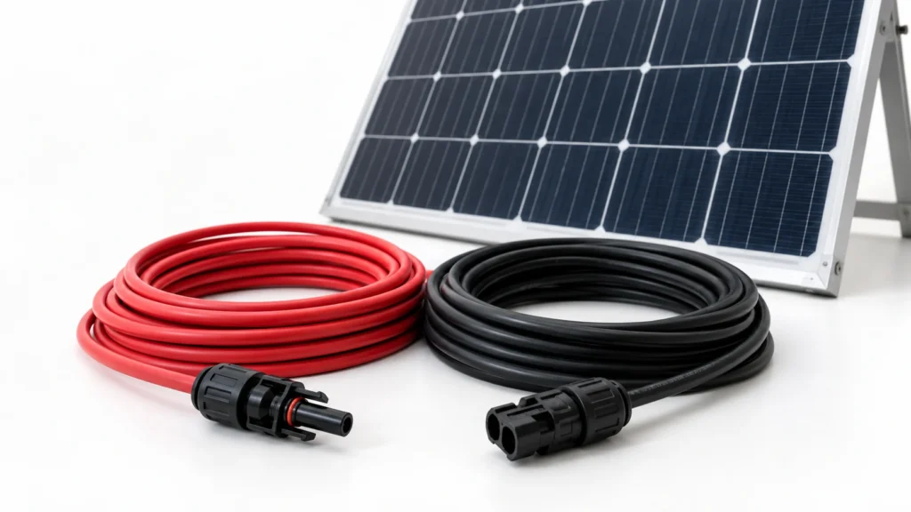 Red and black solar cables with PV connectors beside a photovoltaic panel, illustrating what is a solar cable.
