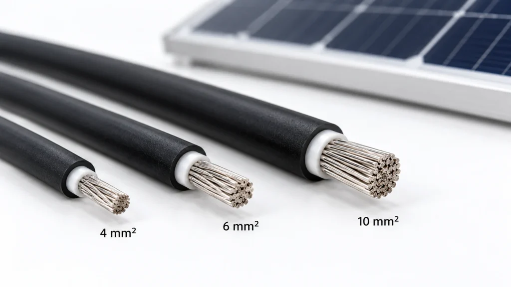 Solar cable size comparison of three black photovoltaic cables labeled 4mm², 6mm² and 10mm² with exposed stranded conductors.