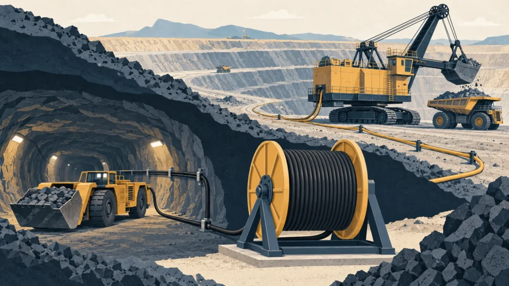 Illustration of types of mining cables used with underground loaders and surface mining shovels, including reeled and fixed cables.