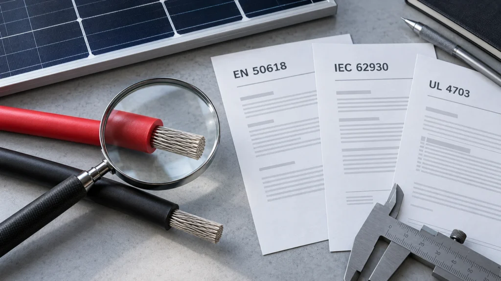 PV cable samples, a magnifying glass and reference documents for solar cable standards EN 50618, IEC 62930 and UL 4703.