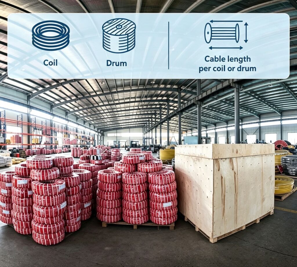 Solar cable coils packaged and stored in a warehouse, showing the packaging format and storage arrangement