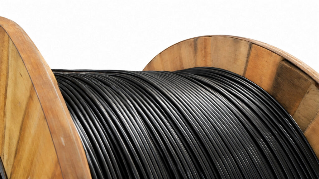 Black solar cable coils for photovoltaic systems.