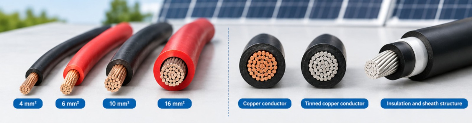 Solar cables with different conductor materials and cross-sections arranged side by side for comparison